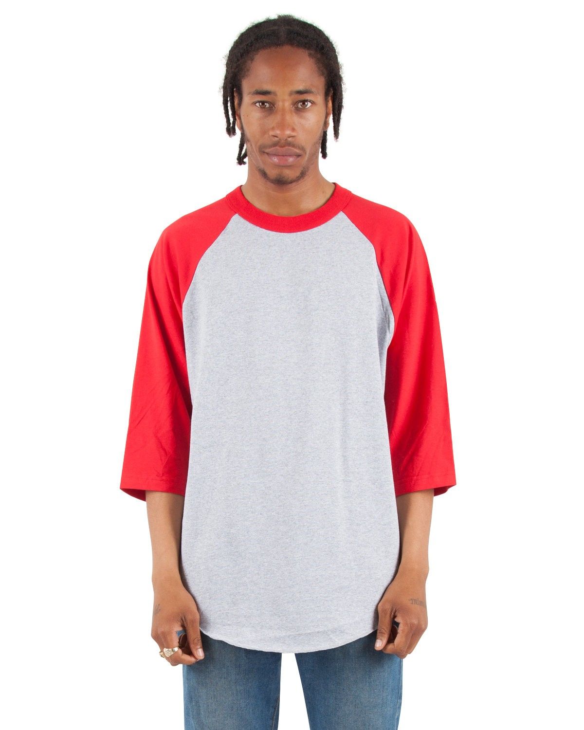 Shaka Wear Adult 8.9 oz Three Quarter Sleeve Raglan T Shirt in Heather Grey/Red