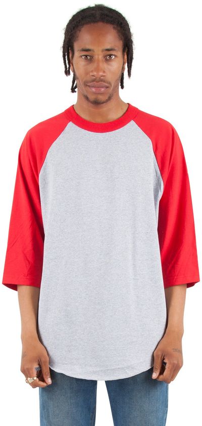 Am image of a Custom Shaka Wear Adult 8.9 oz Three Quarter Sleeve Raglan T Shirt in Heather Grey/Red!