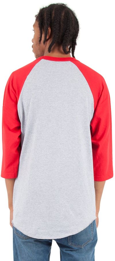 Am image of a Custom Shaka Wear Adult 8.9 oz Three Quarter Sleeve Raglan T Shirt in Heather Grey/Red!