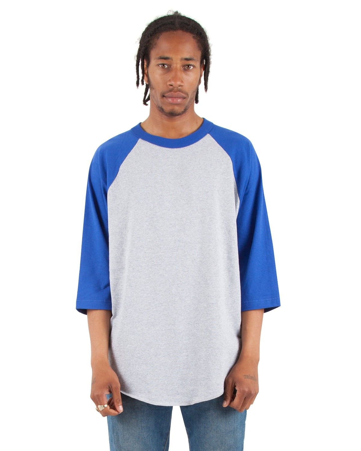 Shaka Wear Adult 8.9 oz Three Quarter Sleeve Raglan T Shirt in Heather Grey/Royal
