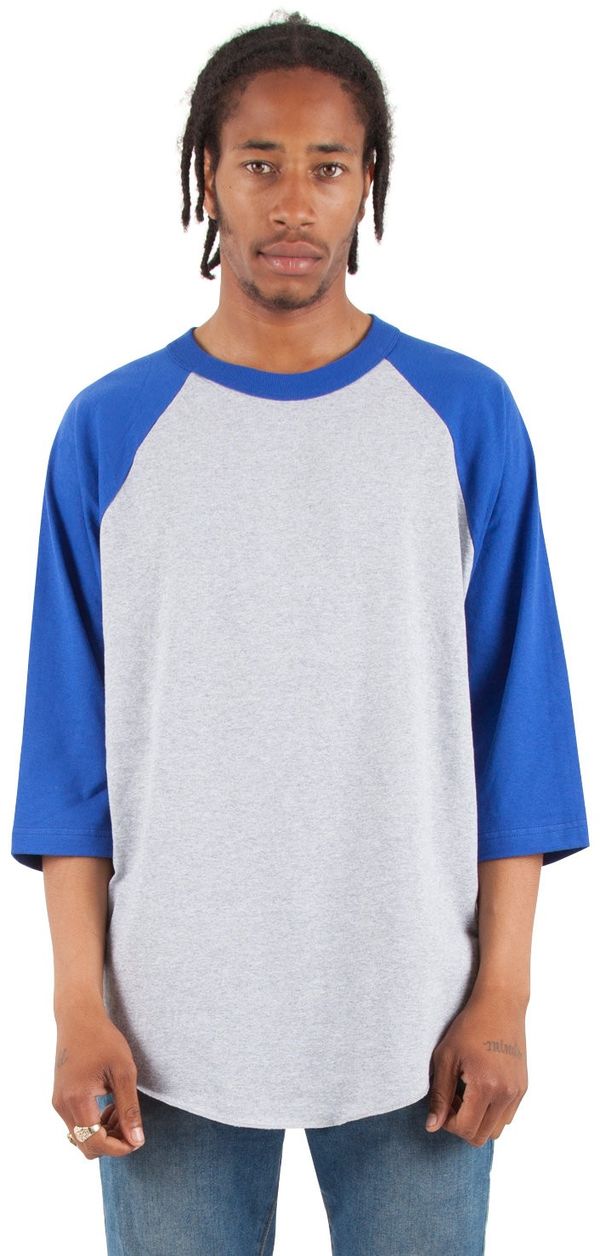 Am image of a Custom Shaka Wear Adult 8.9 oz Three Quarter Sleeve Raglan T Shirt in Heather Grey/Royal!