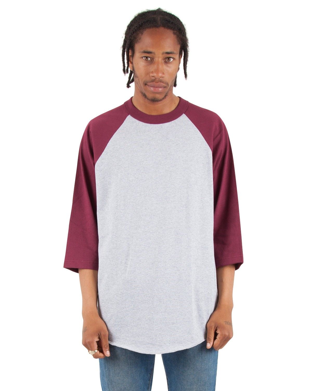 Shaka Wear Adult 8.9 oz Three Quarter Sleeve Raglan T Shirt in Heather Grey/Burgundy