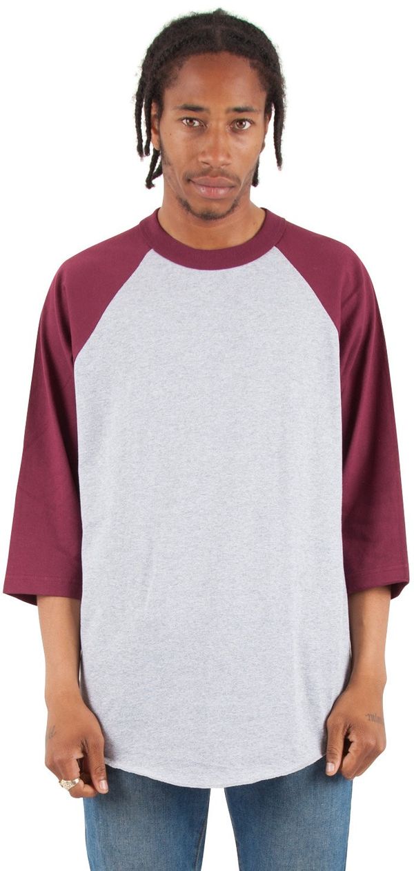 Am image of a Custom Shaka Wear Adult 8.9 oz Three Quarter Sleeve Raglan T Shirt in Heather Grey/Burgundy!