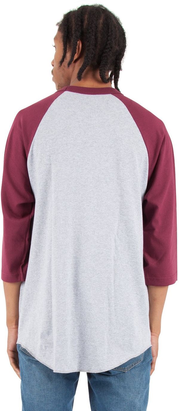 Am image of a Custom Shaka Wear Adult 8.9 oz Three Quarter Sleeve Raglan T Shirt in Heather Grey/Burgundy!