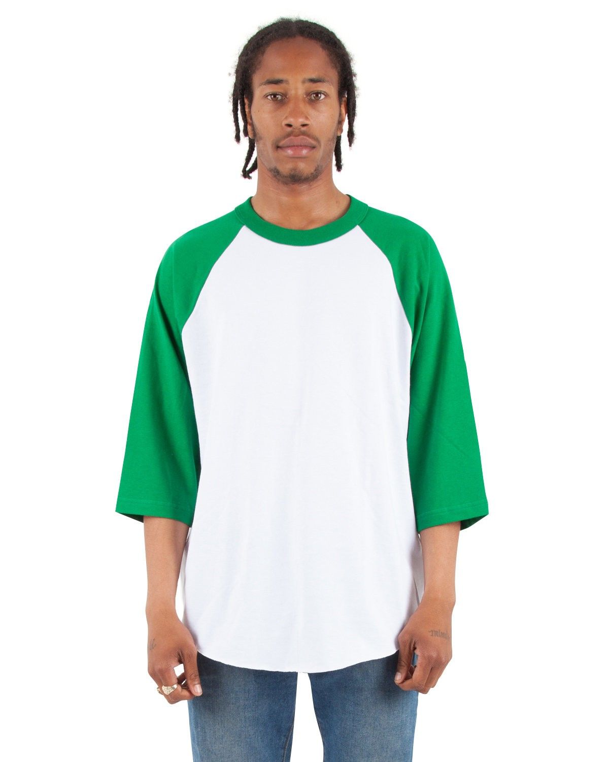 Shaka Wear Adult 8.9 oz Three Quarter Sleeve Raglan T Shirt in White/Kelly Green