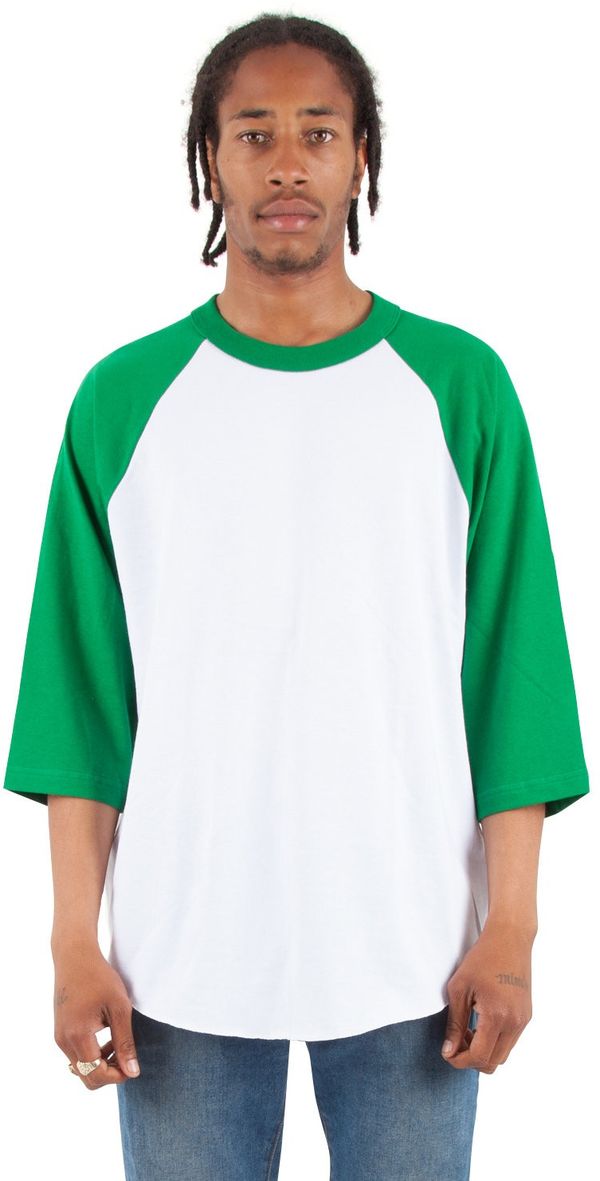 Am image of a Custom Shaka Wear Adult 8.9 oz Three Quarter Sleeve Raglan T Shirt in White/Kelly Green!