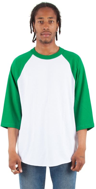 Am image of a Custom Shaka Wear Adult 8.9 oz Three Quarter Sleeve Raglan T Shirt in White/Kelly Green!