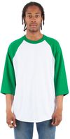 Am image of a Custom Shaka Wear Adult 8.9 oz Three Quarter Sleeve Raglan T Shirt in White/Kelly Green!