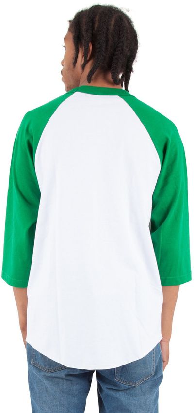 Am image of a Custom Shaka Wear Adult 8.9 oz Three Quarter Sleeve Raglan T Shirt in White/Kelly Green!