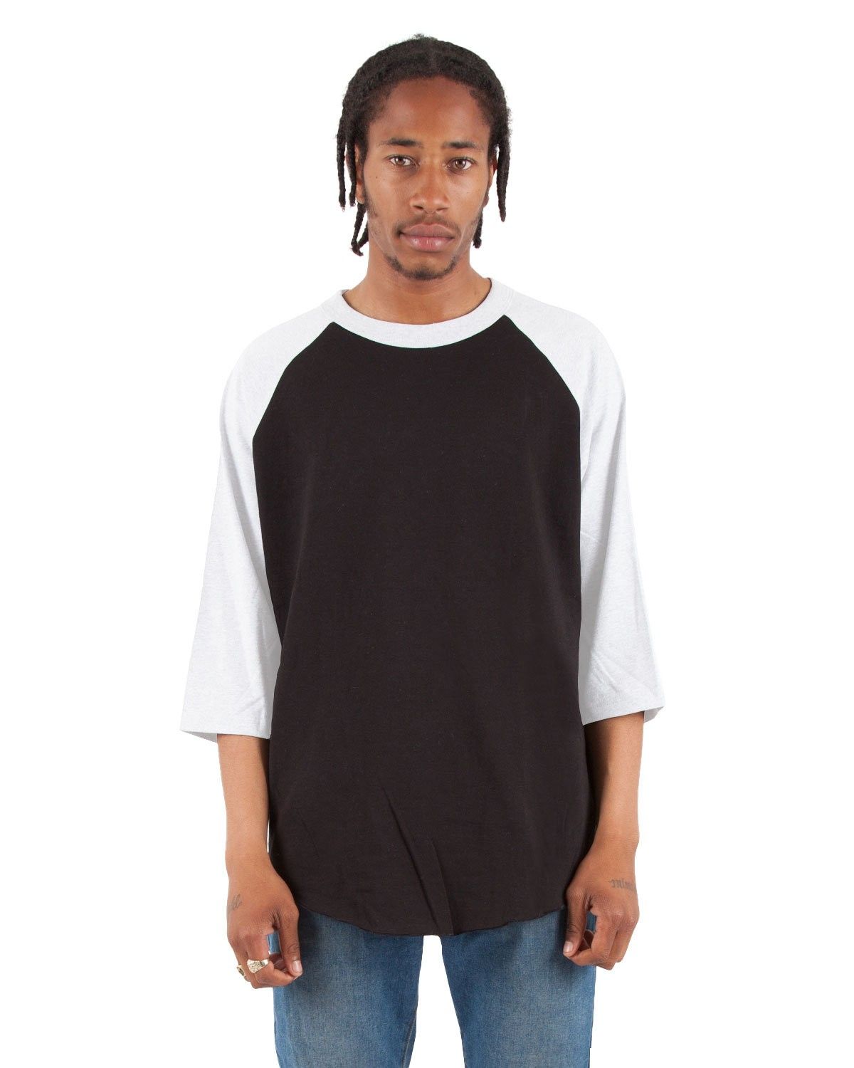 Shaka Wear Adult 8.9 oz Three Quarter Sleeve Raglan T Shirt in Black/White
