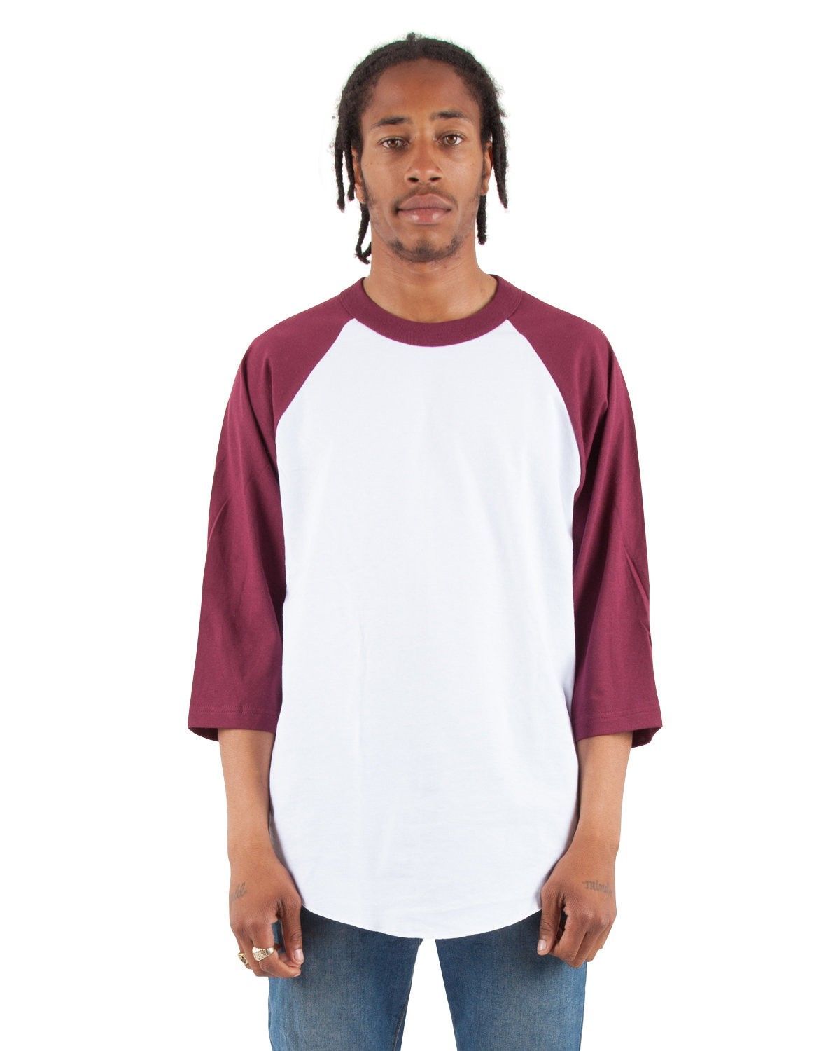 Shaka Wear Adult 8.9 oz Three Quarter Sleeve Raglan T Shirt in White/Burgundy