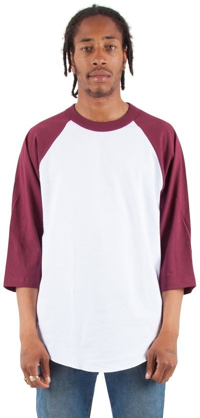 Am image of a Custom Shaka Wear Adult 8.9 oz Three Quarter Sleeve Raglan T Shirt in White/Burgundy!
