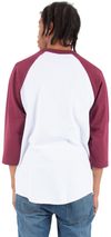 Am image of a Custom Shaka Wear Adult 8.9 oz Three Quarter Sleeve Raglan T Shirt in White/Burgundy!