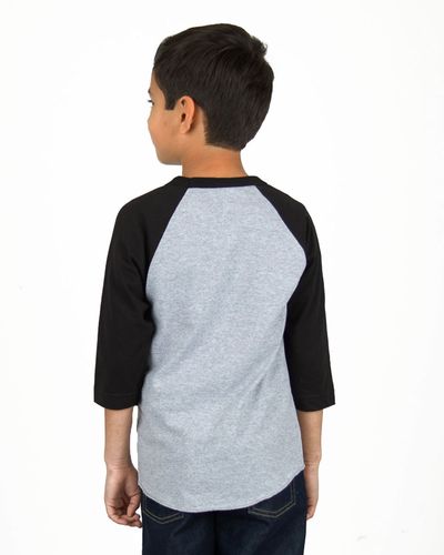 Am image of a Custom Shaka Wear Youth 6 oz Three Quarter Sleeve Raglan in Heather Grey/Black!