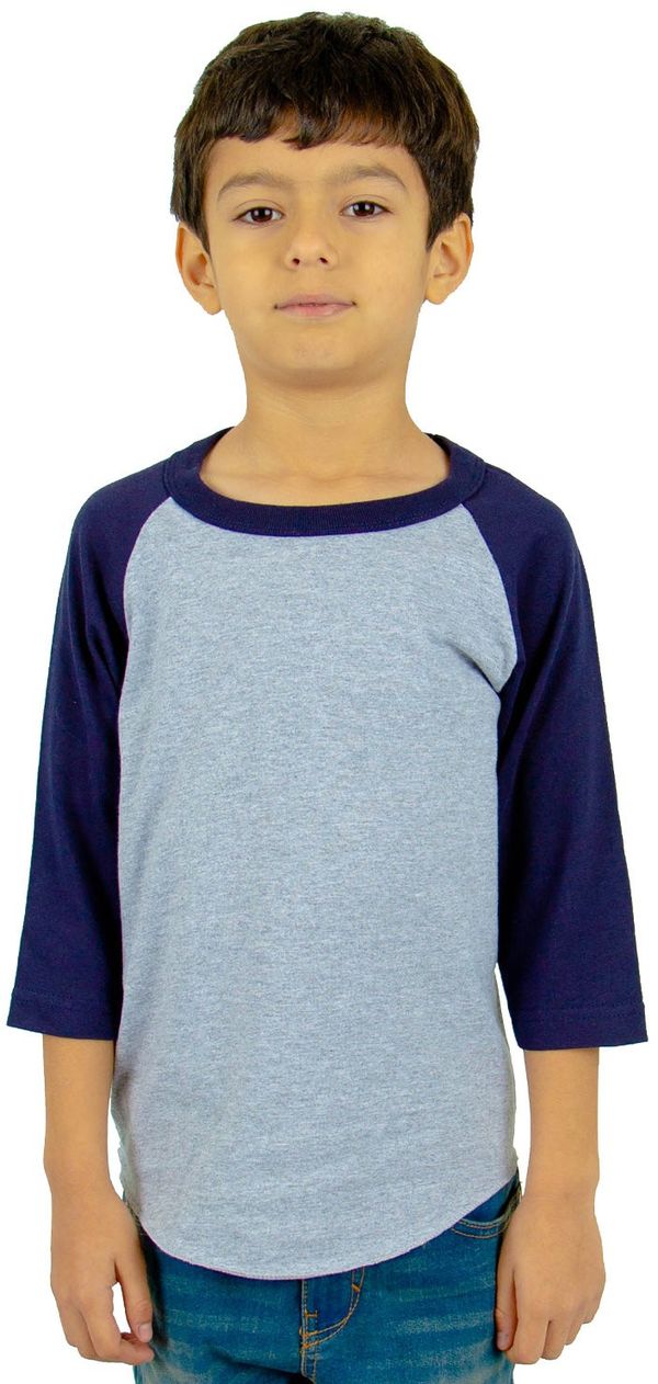 An image of a Custom Shaka Wear Youth 6 oz Three Quarter Sleeve Raglan in Heather Grey/Navy!