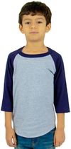 An image of a Custom Shaka Wear Youth 6 oz Three Quarter Sleeve Raglan in Heather Grey/Navy!