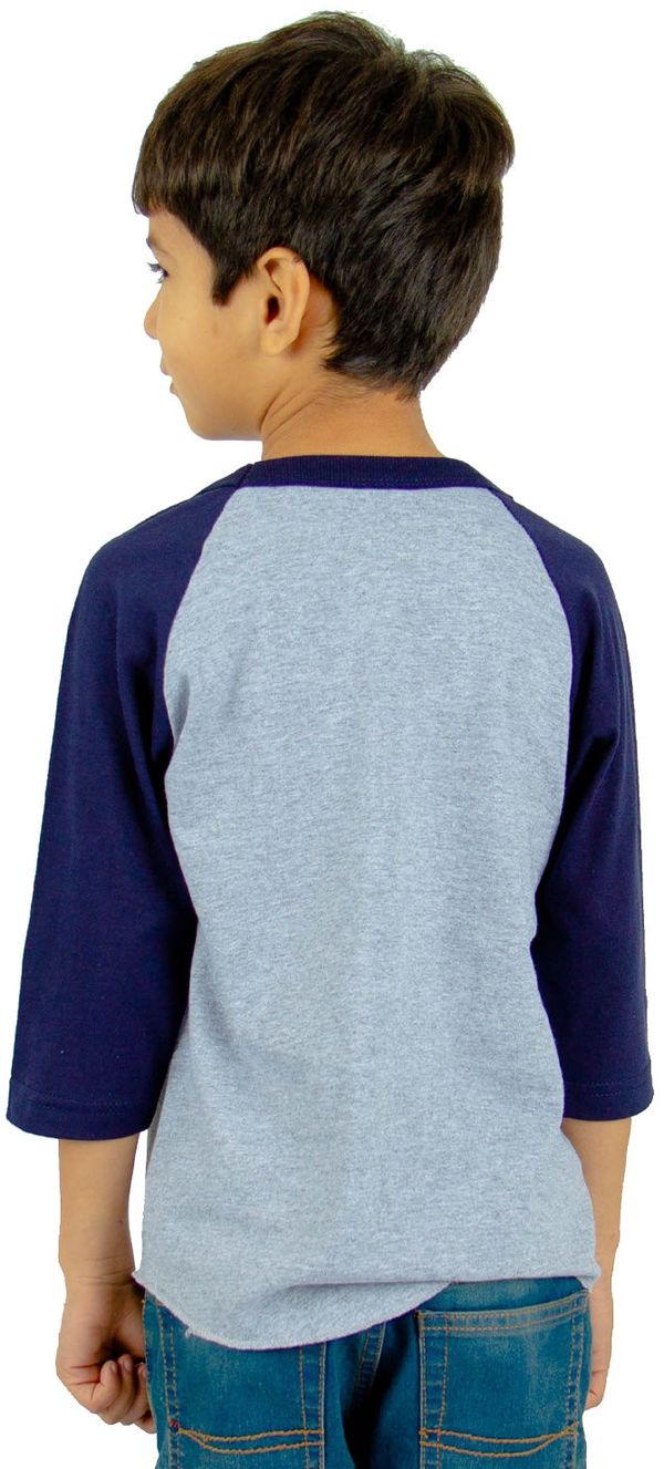 An image of a Custom Shaka Wear Youth 6 oz Three Quarter Sleeve Raglan in Heather Grey/Navy!