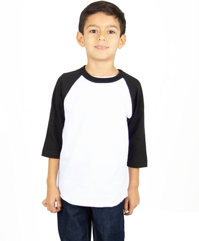 Am image of a Custom Shaka Wear Youth 6 oz Three Quarter Sleeve Raglan in White/Black!