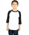 Am image of a Custom Shaka Wear Youth 6 oz Three Quarter Sleeve Raglan in White/Black!
