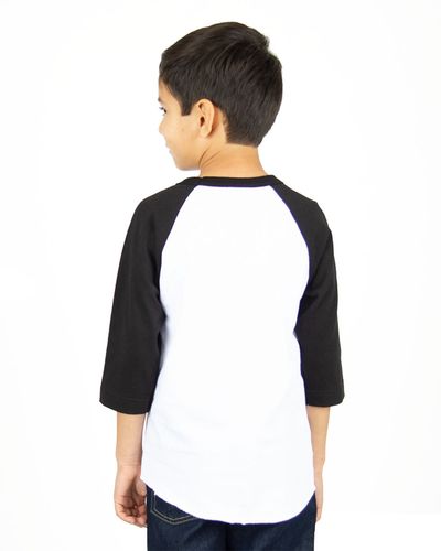 Am image of a Custom Shaka Wear Youth 6 oz Three Quarter Sleeve Raglan in White/Black!