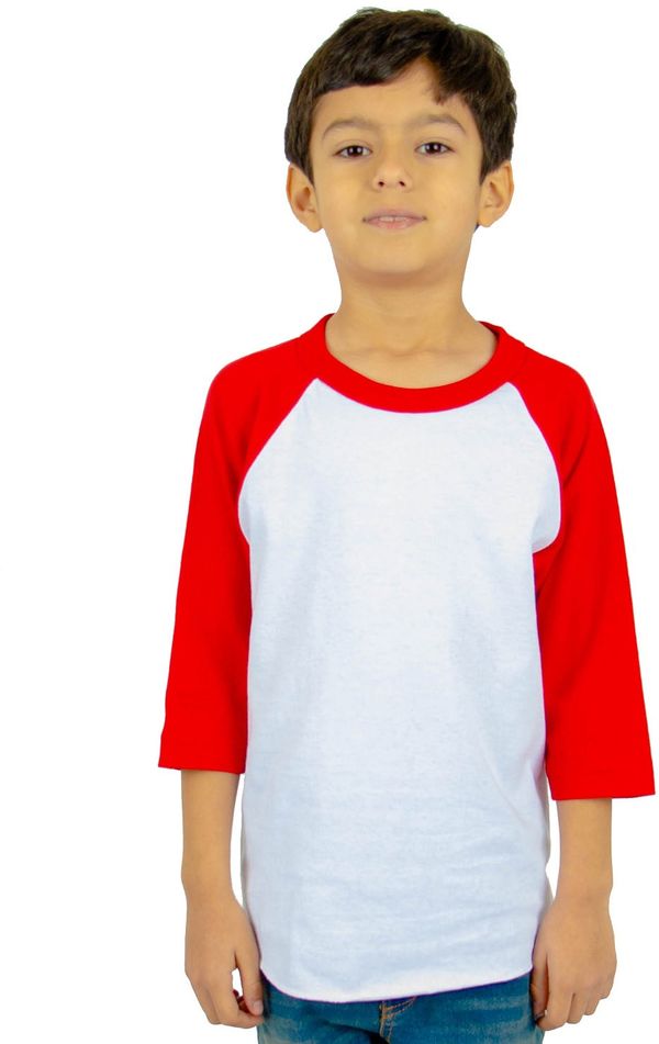 Am image of a Custom Shaka Wear Youth 6 oz Three Quarter Sleeve Raglan in White/Red!