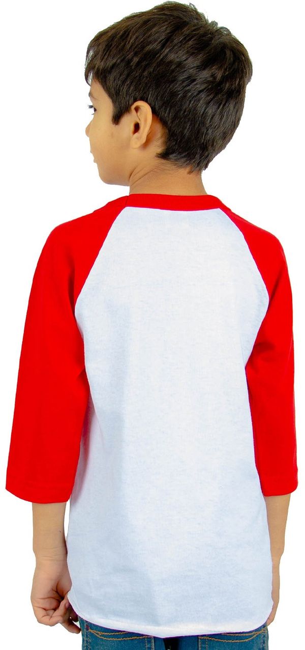 Am image of a Custom Shaka Wear Youth 6 oz Three Quarter Sleeve Raglan in White/Red!