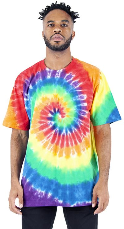 Am image of a Custom Shaka Wear Heavyweight Tie Dye T Shirt in Classic Rainbow!