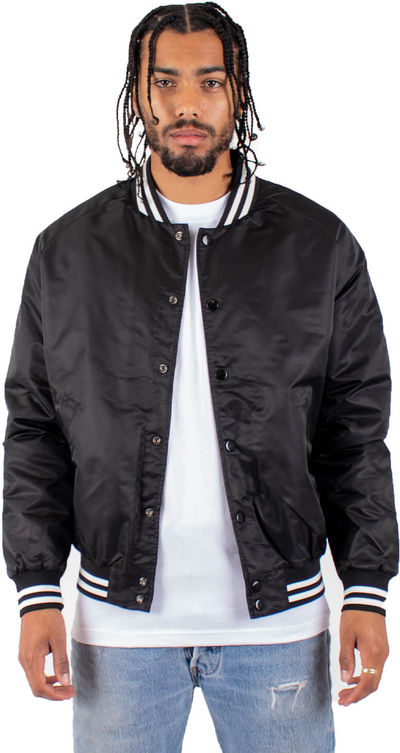 Am image of a Custom Shaka Wear Mens Varsity Bomber Jacket in Black!