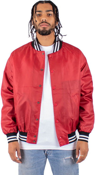 Am image of a Custom Shaka Wear Mens Varsity Bomber Jacket in Red!