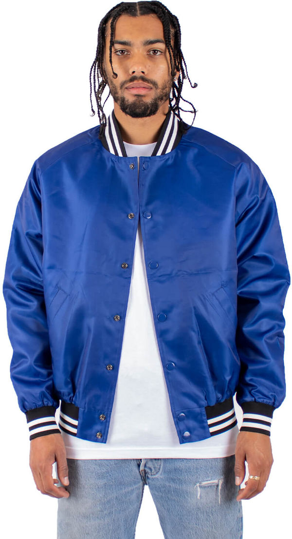 An image of a Custom Shaka Wear Mens Varsity Bomber Jacket in Royal!