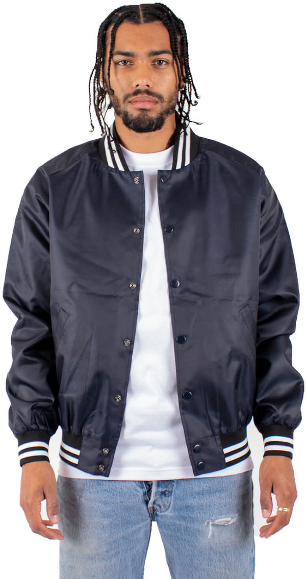 Am image of a Custom Shaka Wear Mens Varsity Bomber Jacket in Navy!