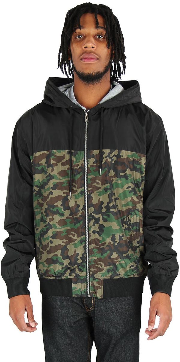 Am image of a Custom Shaka Wear Adult Windbreaker Jacket in Black/Camo Green!