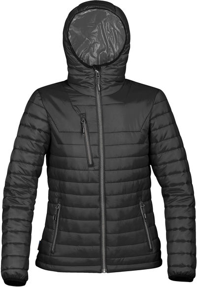 Am image of a Custom Stormtech Womens Gravity Thermal Jacket in BLACK / CHARCOAL!