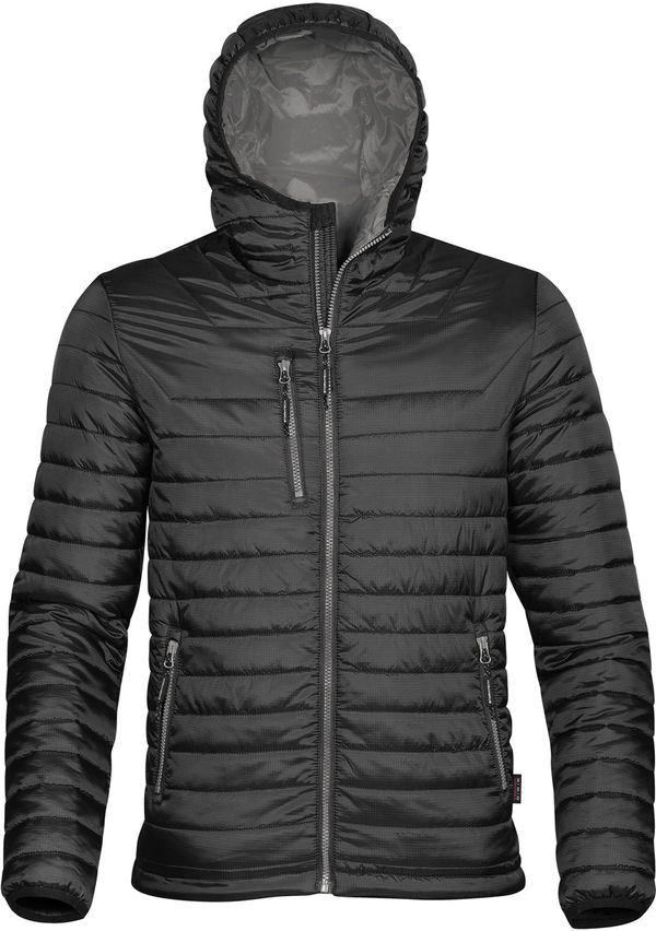 Am image of a Custom Stormtech Mens Gravity Thermal Jacket in BLACK / CHARCOAL!