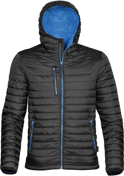 Am image of a Custom Stormtech Mens Gravity Thermal Jacket in BLACK / MARINE BLUE!