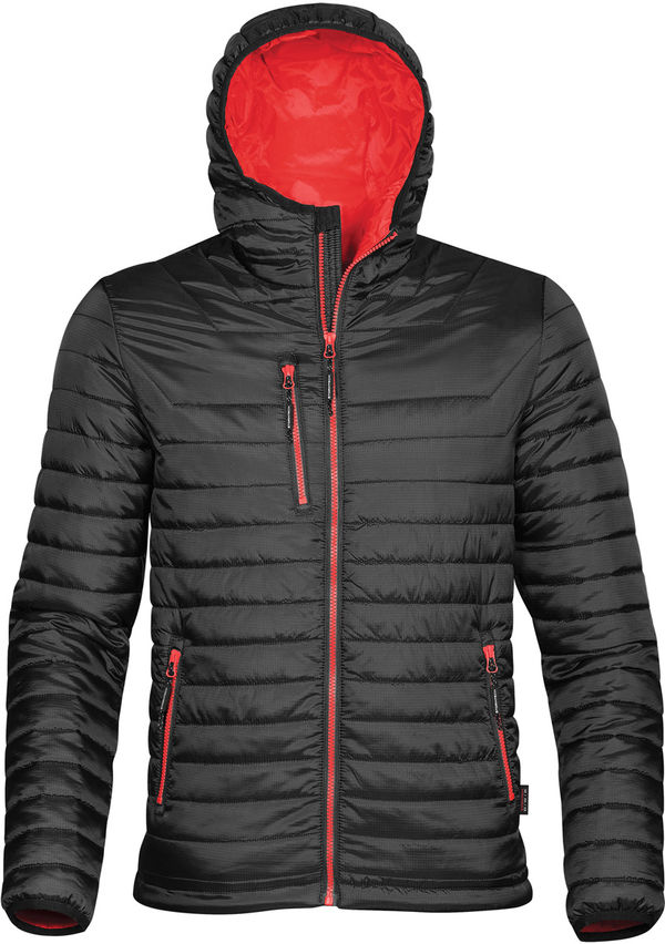 Am image of a Custom Stormtech Mens Gravity Thermal Jacket in BLACK / TRUE RED!