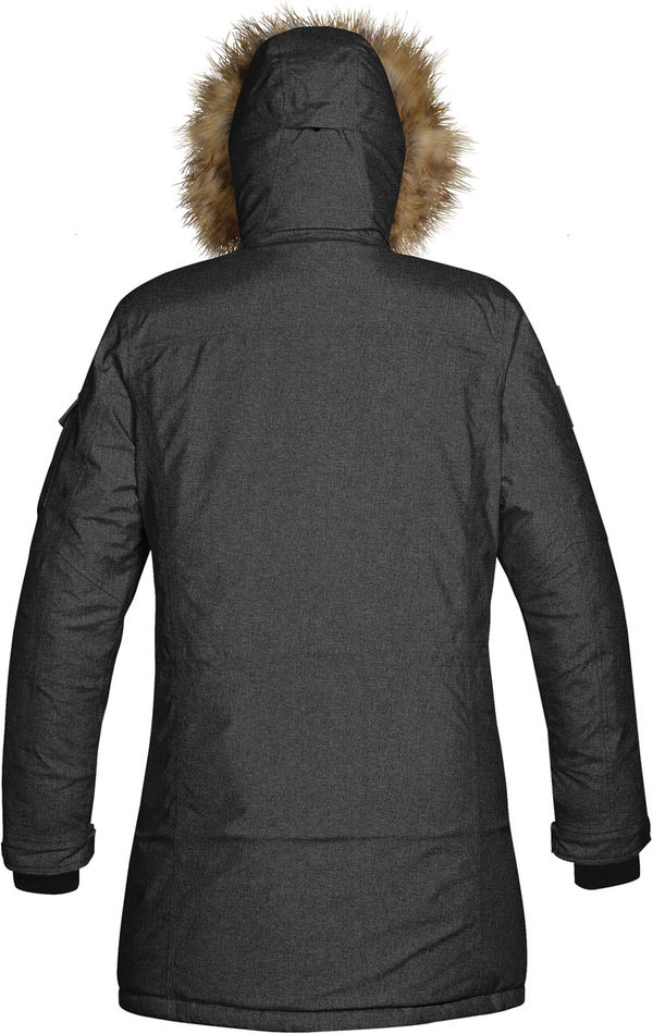 Am image of a Custom Stormtech Womens Explorer Parka in CARBON HEATHER!