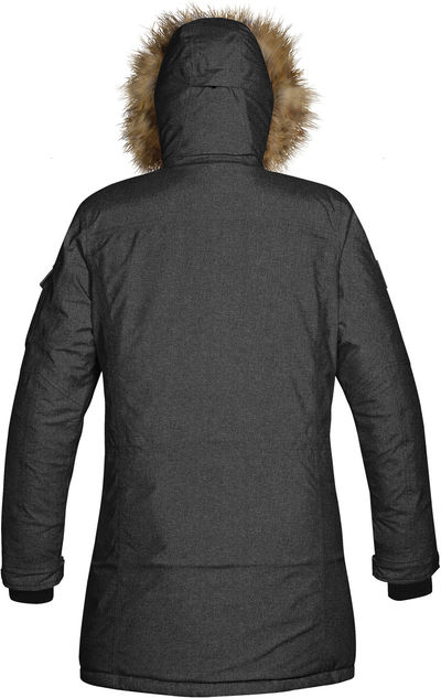 Am image of a Custom Stormtech Womens Explorer Parka in CARBON HEATHER!