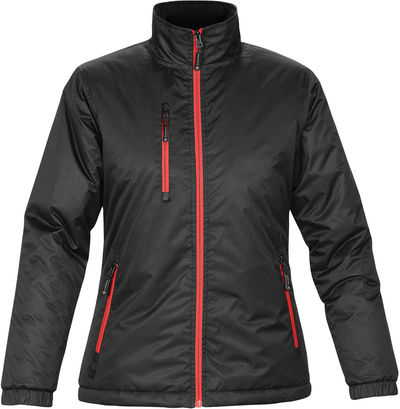 Am image of a Custom Stormtech Womens Axis Thermal Jacket in BLACK / SPORT RED!