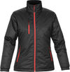 Am image of a Custom Stormtech Womens Axis Thermal Jacket in BLACK / SPORT RED!