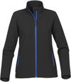 Am image of a Custom Stormtech Womens Orbiter Softshell in BLACK / AZURE BLUE!