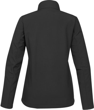 Am image of a Custom Stormtech Womens Orbiter Softshell in BLACK / AZURE BLUE!