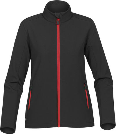 Am image of a Custom Stormtech Womens Orbiter Softshell in BLACK / BRIGHT RED!