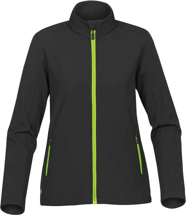 Am image of a Custom Stormtech Womens Orbiter Softshell in BLACK / KIWI!
