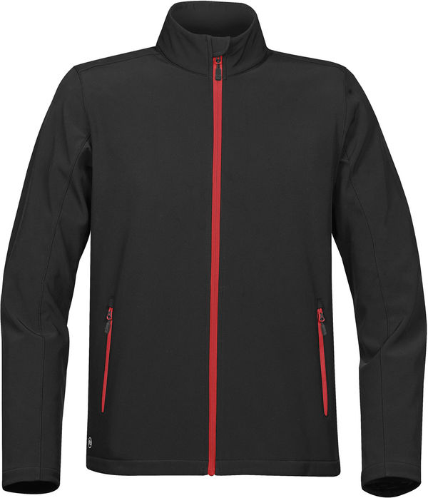 Am image of a Custom Stormtech Youth Orbiter Softshell in BLACK / BRIGHT RED!