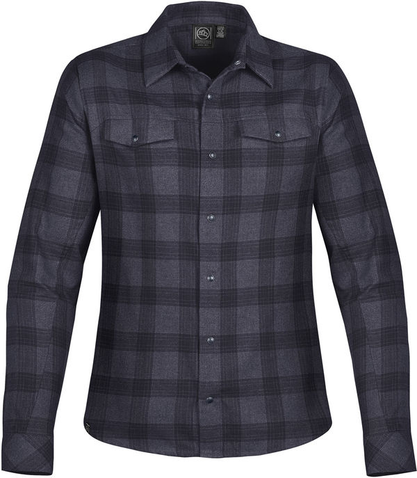 Am image of a Custom Stormtech Womens Logan Snap Front Shirt in Carbon Plaid!