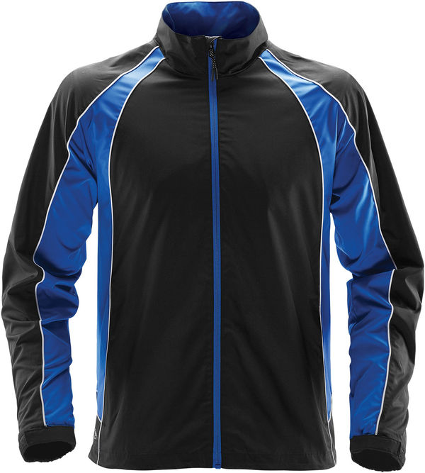 Am image of a Custom Stormtech Youth Warrior Training Jacket in BLACK / ROYAL / WHITE!