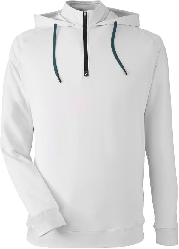 Am image of a Custom Swannies Golf Mens Vandyke Quarter Zip Hooded Sweatshirt in Glacier/Marine!