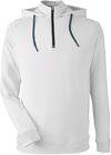 Am image of a Custom Swannies Golf Mens Vandyke Quarter Zip Hooded Sweatshirt in Glacier/Marine!