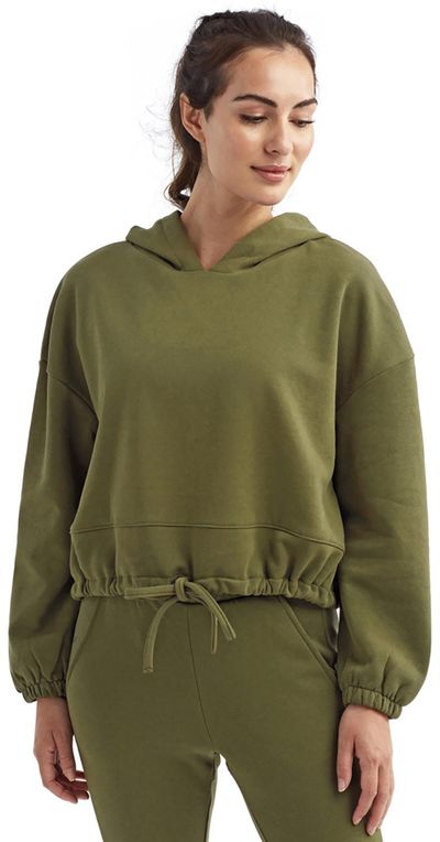 Am image of a Custom TriDri Ladies Maria Cropped Hoodie in OLIVE!